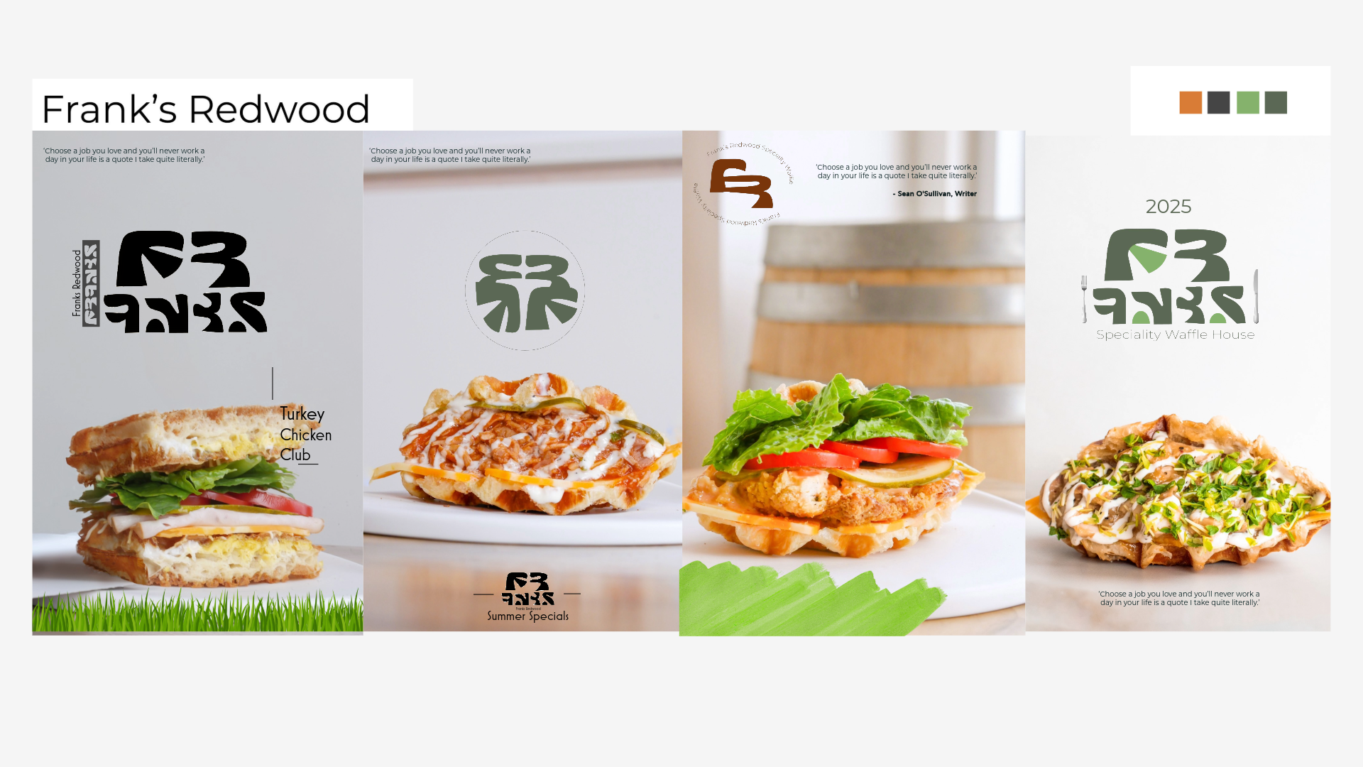 Brand identity system — posters, logo variations, color palette, and typography