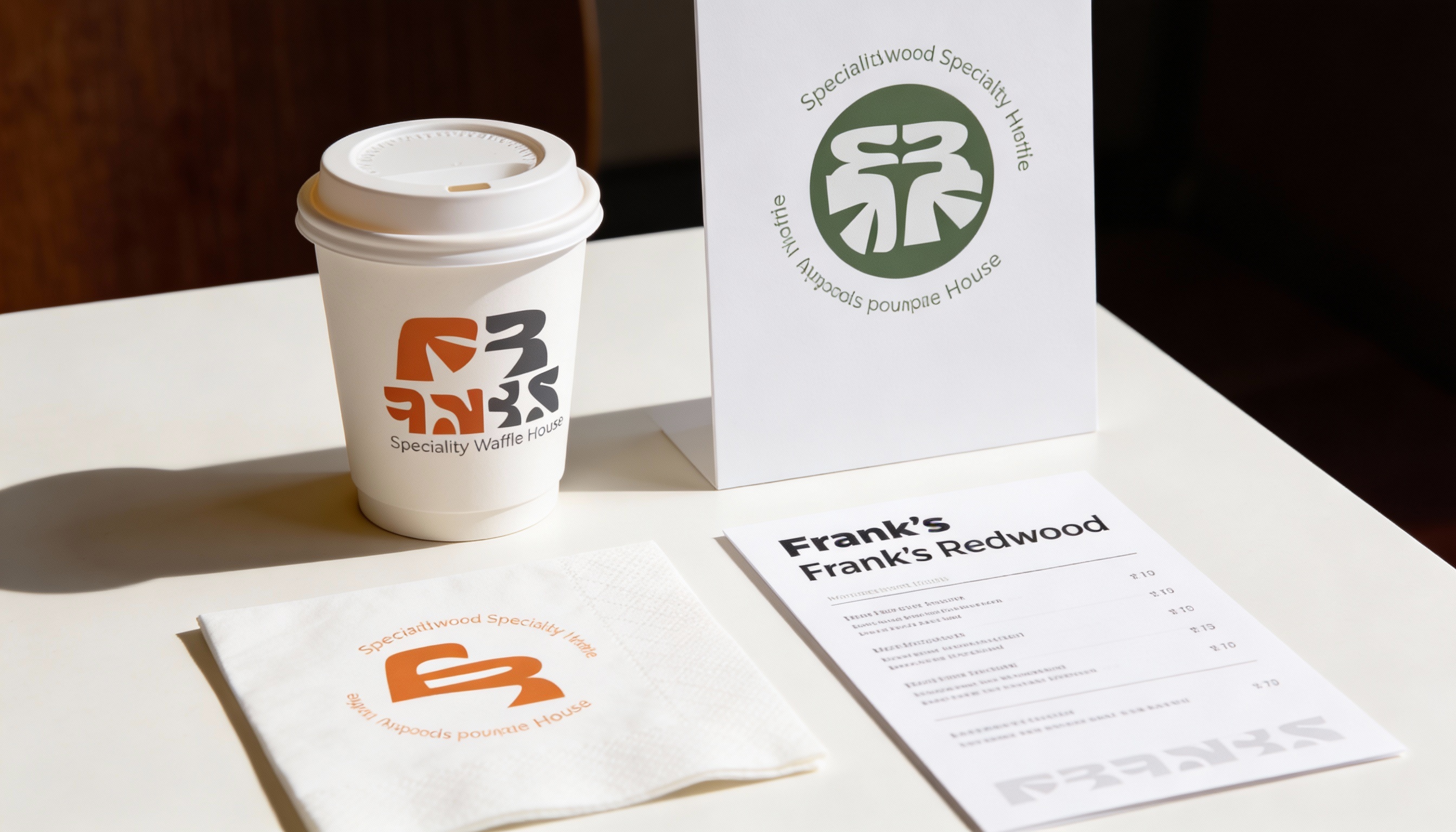 Stationery mockup — branded coffee cup, take-away bag, napkin, and menu