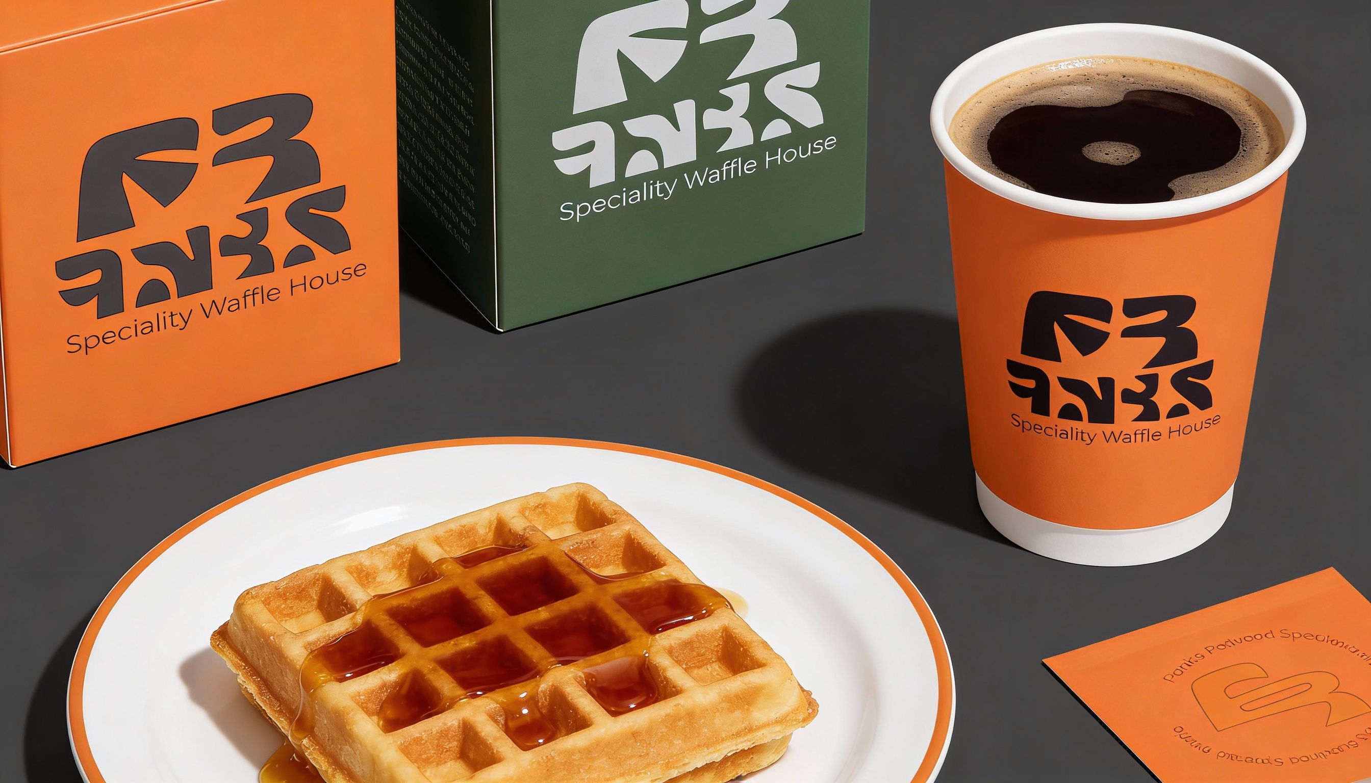 Product mockup — packaging and coffee cup in brand orange and green