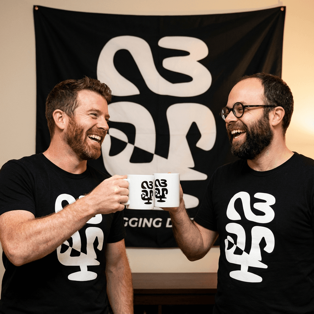 Podcast hosts wearing NBAP tees, clinking branded mugs in front of a large NBAP banner