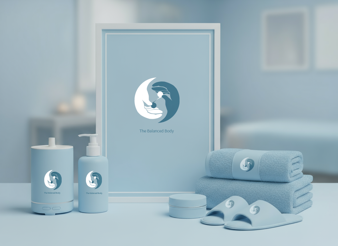 Product mockup — branded bottles, towels, slippers, and framed poster