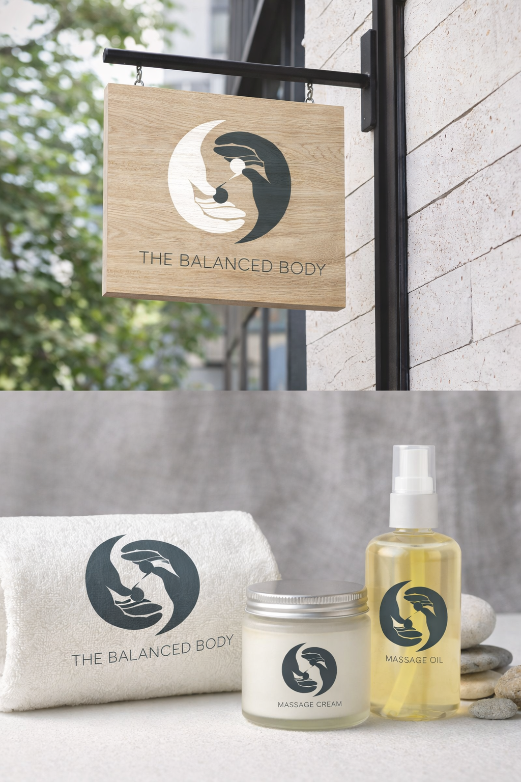 Signboard and product mockup — brand applied to physical touchpoints
