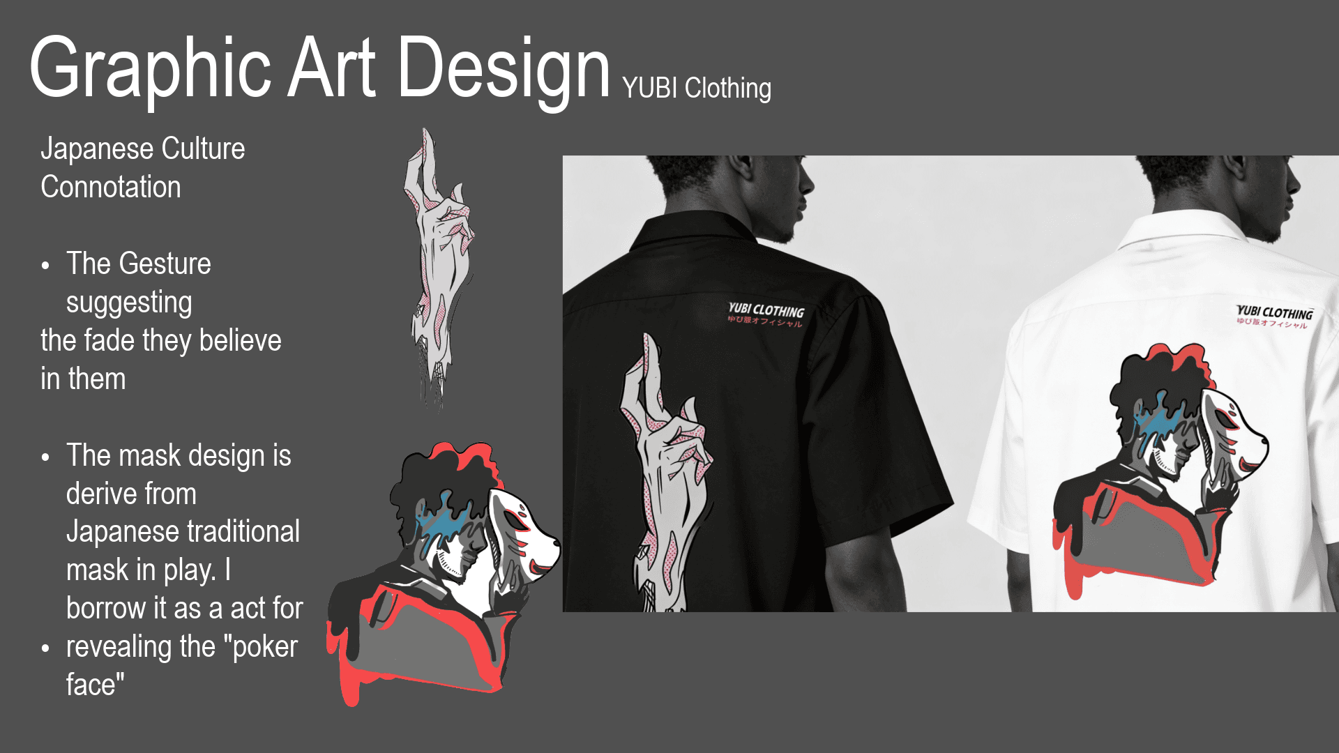 Graphic art design — Japanese mask motif on button-up shirts, front and back